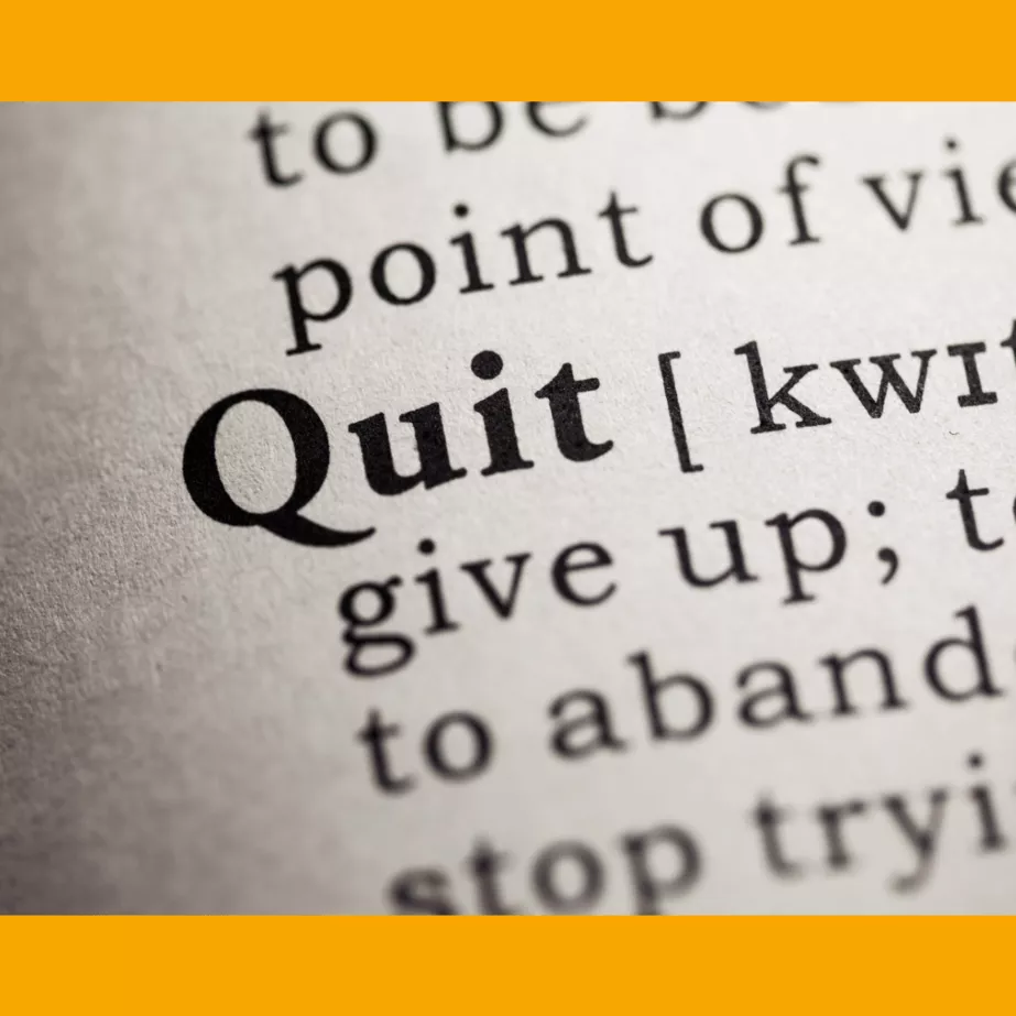 Close-up on dictionary text for the word "quit" surrounded by orange border.