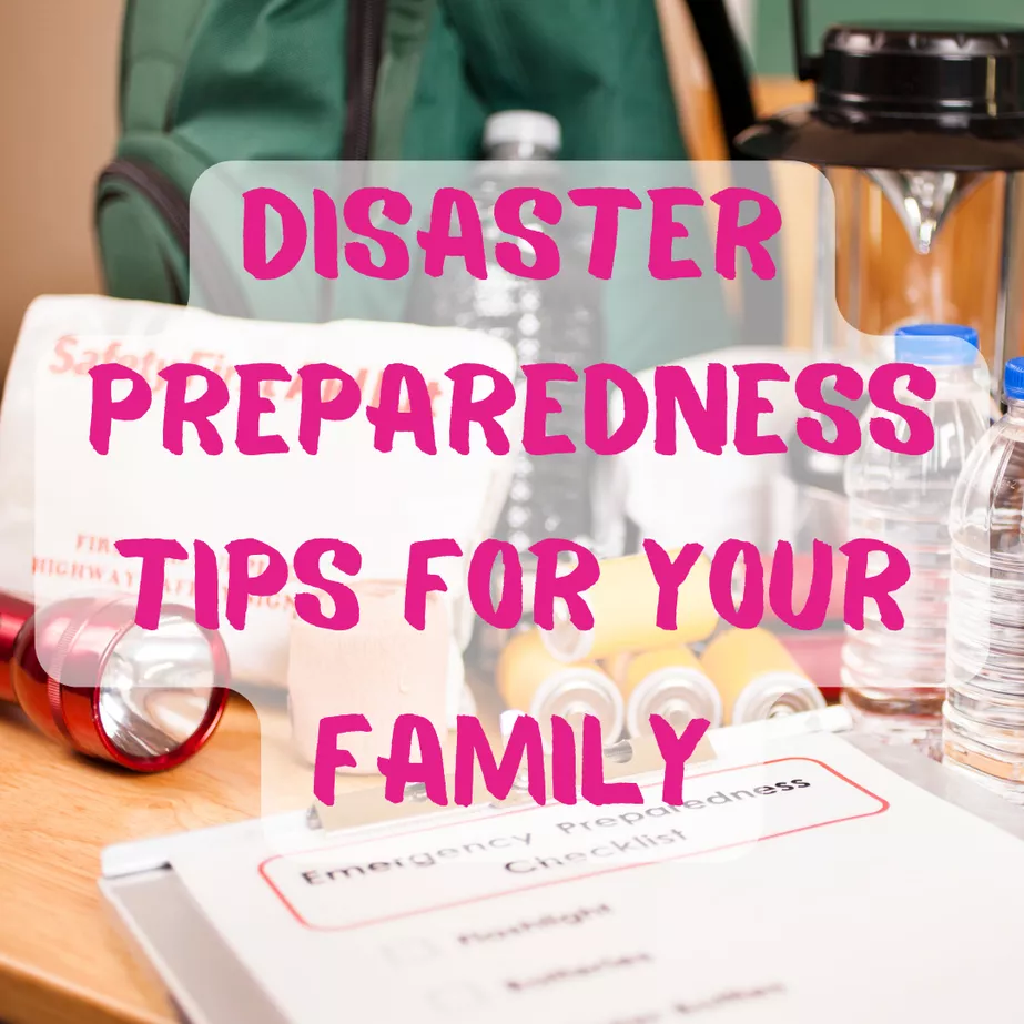 A variety of disaster preparedness supplies with pink text overlay that reads "Disaster Preparedness Tips for Your Family"