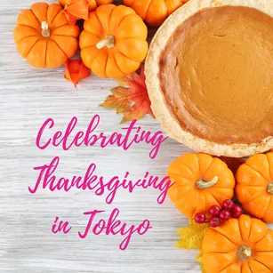 Pumpkin pie surrounded by small pumpkins with pink text that reads "Celebrating Thanksgiving in Tokyo"